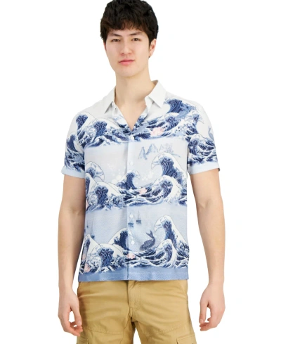 Guess Men's Wave-print Short-sleeve Button-down Shirt In Pacific Wave