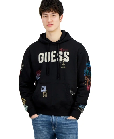 Guess Men's World Stamp Printed Pullover Logo Hoodie In Jet Black