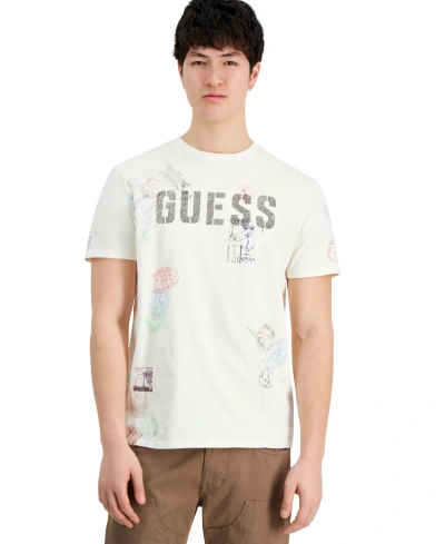 Guess Men's World Stamps Logo Graphic Crewneck T-shirt In Vanilla Cream Multi