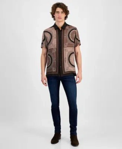 Guess Mens Relaxed Fit Medallion Print Button Down Shirt Slim Fit Jeans In Block Medallion Brown