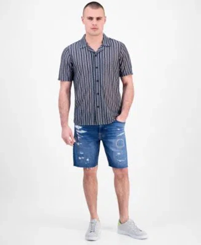 Guess Mens Wyatt Rip Repair Denim 9 Shorts Striped Button Front Camp