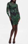 Guess Millie Palm Print Long Sleeve Mesh Minidress In Green