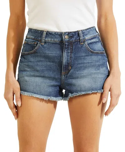 Guess Mom Jean Shorts Women's Blue Fog Wash Denim Frayed Hem Zip Fly Fts1399