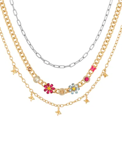 Guess Multi-color Stone Layered Necklace, 3-piece Set In Two-tone