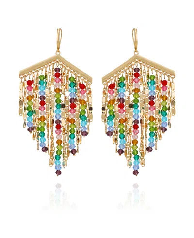 Guess Multi-colored Beaded Fringe Linear Drop Earrings In Gold