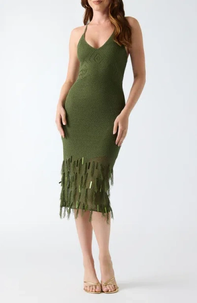 Guess Myra Lace Back Fringed Midi Dress In Green