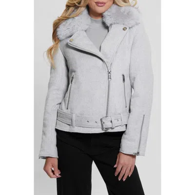 Guess Nancy Moto Jacket With Removable Faux Fur Collar In Light Melange Grey M94