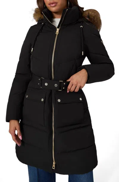 Guess New Fatema Long Belted Puffer Coat With Faux Fur Trim In Black