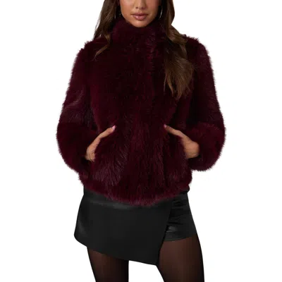 Guess New Luna Faux Fur Jacket In Burgundy