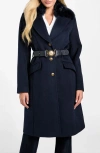 Guess New Patrice Belted Coat With Removable Faux Fur Collar In Blue