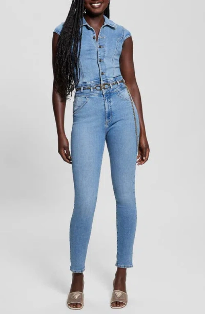 Guess Nova Belted Button Front Denim Jumpsuit In Freebird