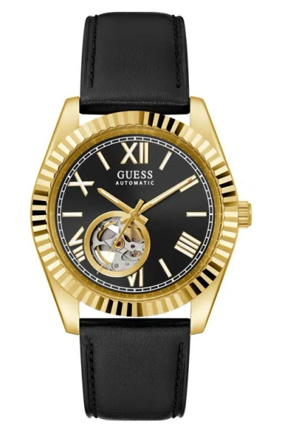 Guess Open Heart Automatic Leather Strap Watch, 42mm In Black