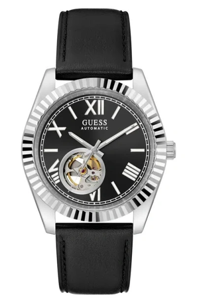 Guess Open Heart Automatic Leather Strap Watch, 42mm In Black