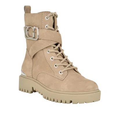 Guess Orana Women's Taupe Suede Round Toe Ankle Combat Boots Lion153 In Multi
