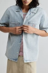 Guess Originals Herringbone Denim Short Sleeve Button-down Shirt Top In Light Blue, Men's At Urban Outfitters
