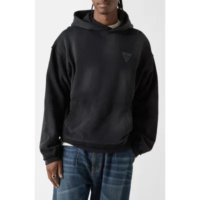 Guess Originals Logo Frayed Boxy Cotton Hoodie In Black