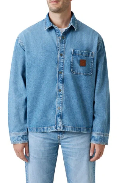 Guess Oversize Crop Snap-up Cotton Denim Overshirt In Blue