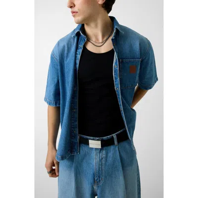 Guess Oversize Crop Stretch Cotton Denim Shirt In Blue