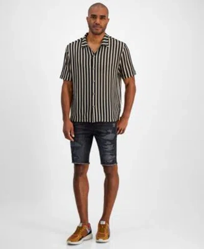 Guess Panama Striped Shirt Slim Fit Destroyed Denim Shorts In Nightfall Black
