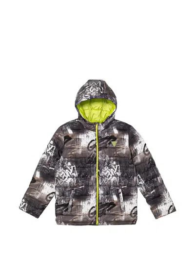 Guess Kids' Patterned Hooded Jacket In Gray