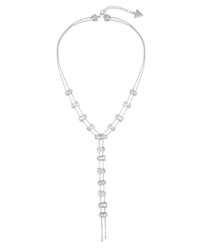 Guess Pave Stone And Imitation Pearl Y-drop Necklace In Silver