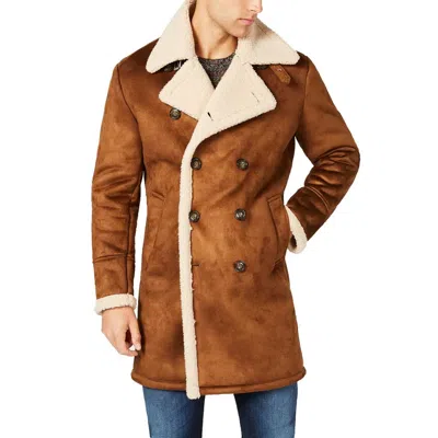 Guess Pea Coat Men's Brown Faux Shearling Double-breasted Jacket Mac1
