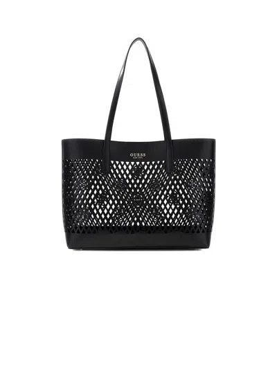 Guess Perforated Lattice Tote Bag In Black