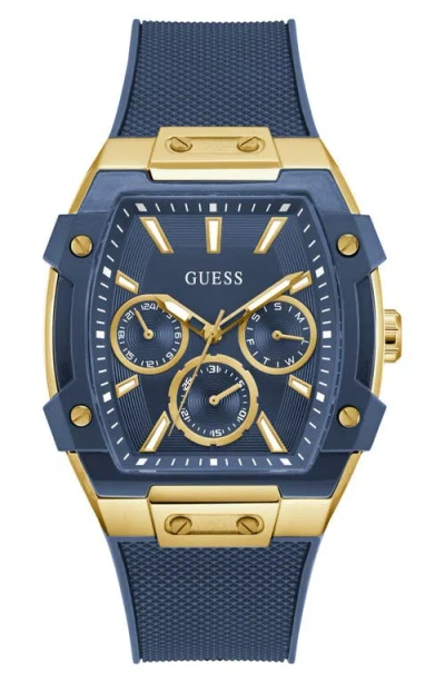 Guess Phoenix Tonneau Multifunction Silicone Strap Watch, 44mm X 51mm In Blue