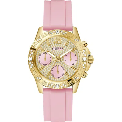 Guess Pink Multifunction Crystal Silicone Strap Watch, 40mm
