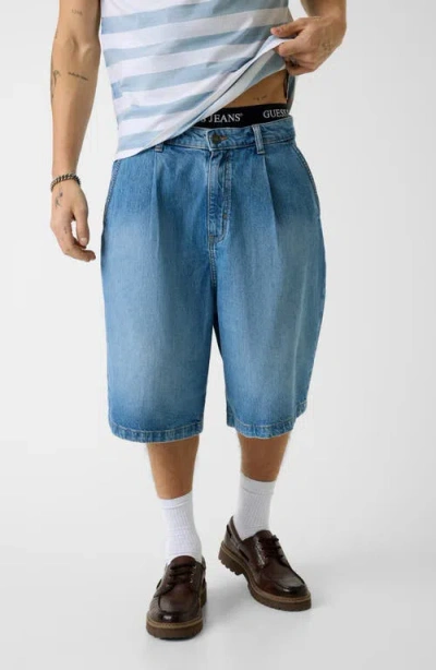 Guess Pleated Baggy Denim Shorts In Blue