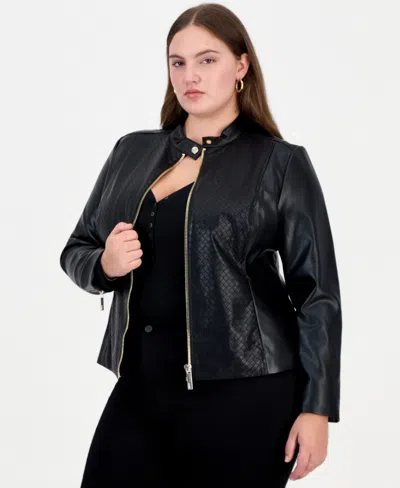 Guess Plus Size Faux Leather Basketweave Moto Jacket, Created For Macy's In Black