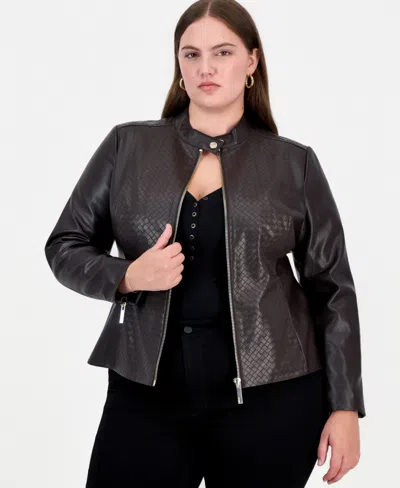 Guess Plus Size Faux Leather Basketweave Moto Jacket, Created For Macy's In Black