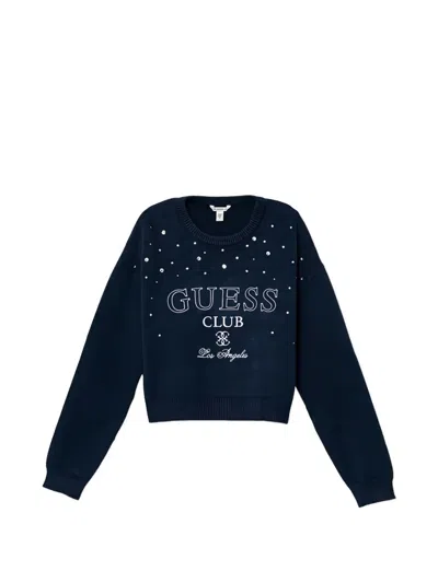 Guess Kids' Rhinestone Crew-neck Sweater In Blue