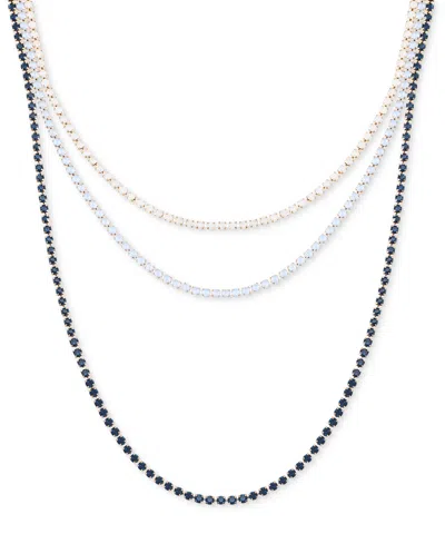 Guess Rhinestone Layered Tennis Necklace, 16" + 2" Extender In Blue,light Blue,white,gold-tone