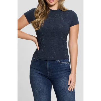Guess Rhinestone Pattern Mock Neck Organic Cotton Blend Top In Blue