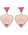 Guess Rose Gold-tone Pink Stone Dangle Heart Drop Earrings In Rose Gold