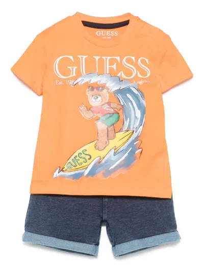 Guess Babies' Rubberised-logo Shorts Set In Orange