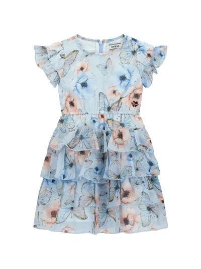 Guess Kids' Ruffled Floral Dress In Blue