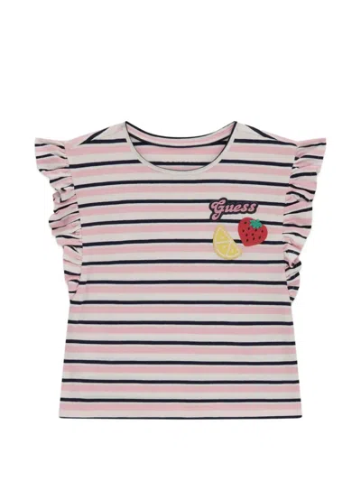 Guess Kids' Ruffled Striped T-shirt In Pink