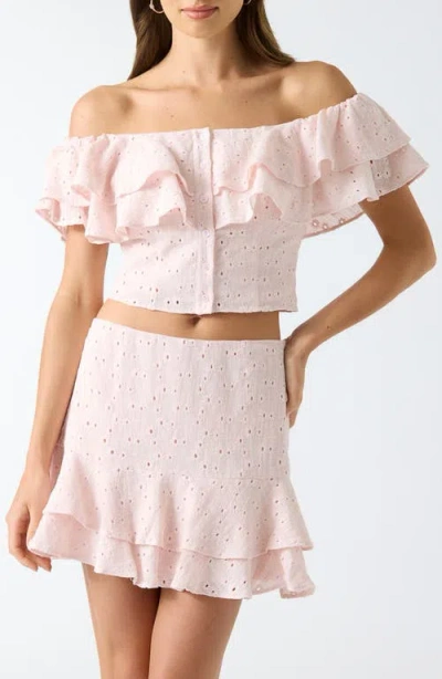 Guess Sade Eyelet Off The Shoulder Crop Top In Pink