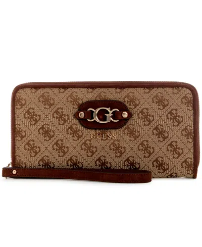 Guess Samantha Small Zip Around Wallet In Latte Logo Brown