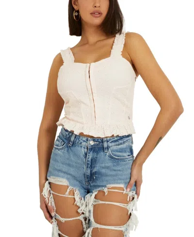 Guess Sangallo Carmen Eyelet Top Women Pink Ruffle Trim Sweetheart Neck Fts1288 In White