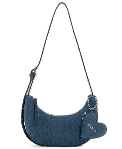 Guess Sasha Small Heart Charm Hobo Shoulder Handbag In Blue
