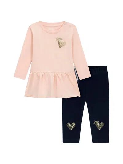 Guess Babies' Sequin-heart T-shirt And Trousers Set In Multi