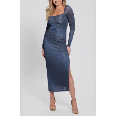 Guess Sharae Shimmer Long Sleeve Body-con Maxi Dress In Summer Night Blue Multi