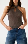 Guess Shimmer Knit Keyhole Neck Sleeveless Sweater In Brown