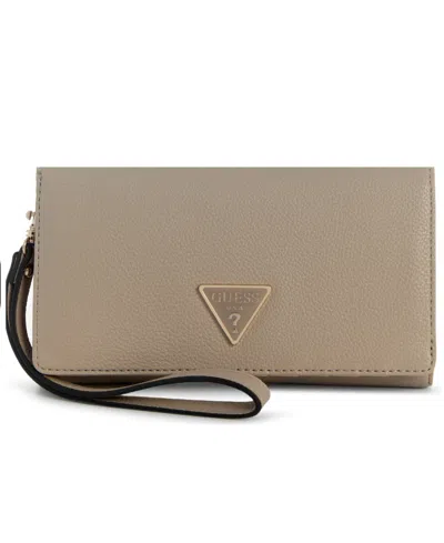 Guess Shimmer Phone Organizer Magnetic Snap Wristlet In Taupe