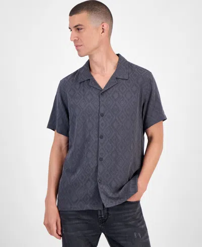 Guess Short Sleeve Diamond Jacquard Button-front Camp Shirt In Blue