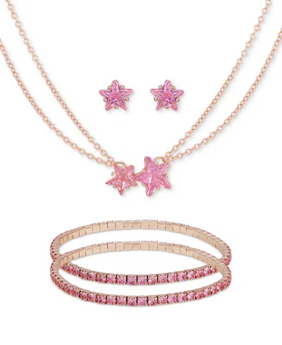 Guess Cubic Zirconia Star Pendant Necklace, Double Stretch Bracelet Stud Earrings Set In Pink
