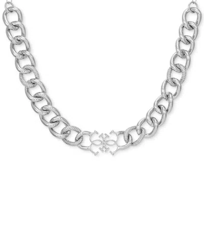 Guess Silver-tone Pave & Quatro G Logo Collar Necklace, 18" + 2" Extender In Metallic